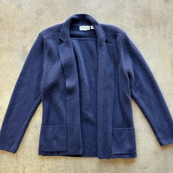 Vintage Christian Dior Sportswear Angora Lambswool Cardigan Sweater Navy Blue Lg - Picture 1 of 8